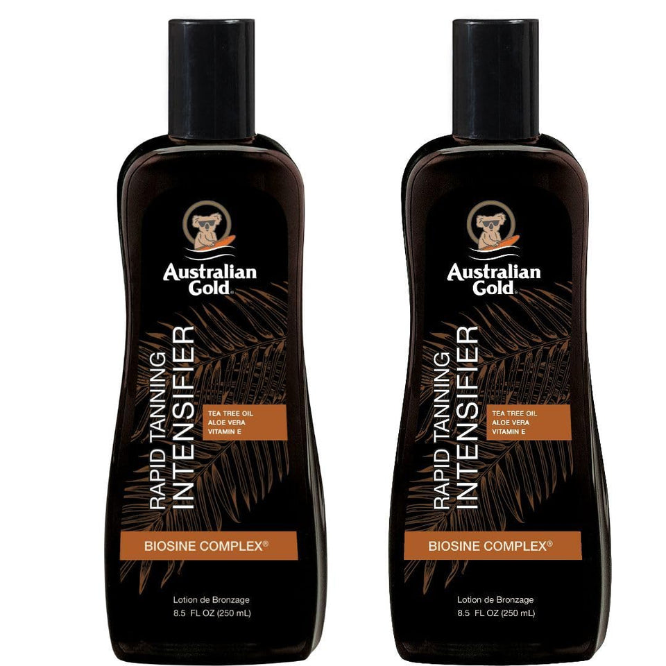 Australian Gold front packaging of rapid tanning intensifier showing bottle and label benefit