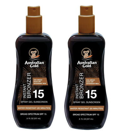 Australian Gold front packaging showing SPF 15 spray gel bronzer and pack of two benefits