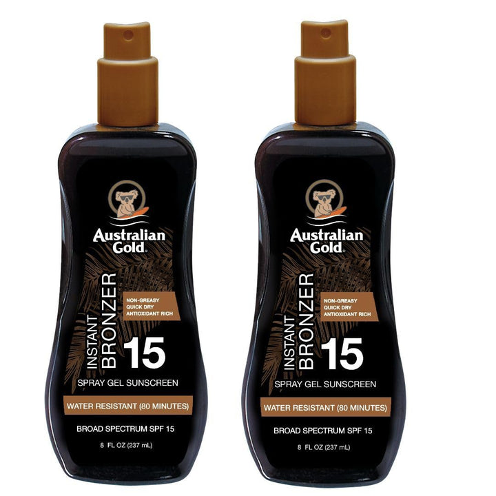 Australian Gold front packaging showing SPF 15 spray gel bronzer and pack of two benefits