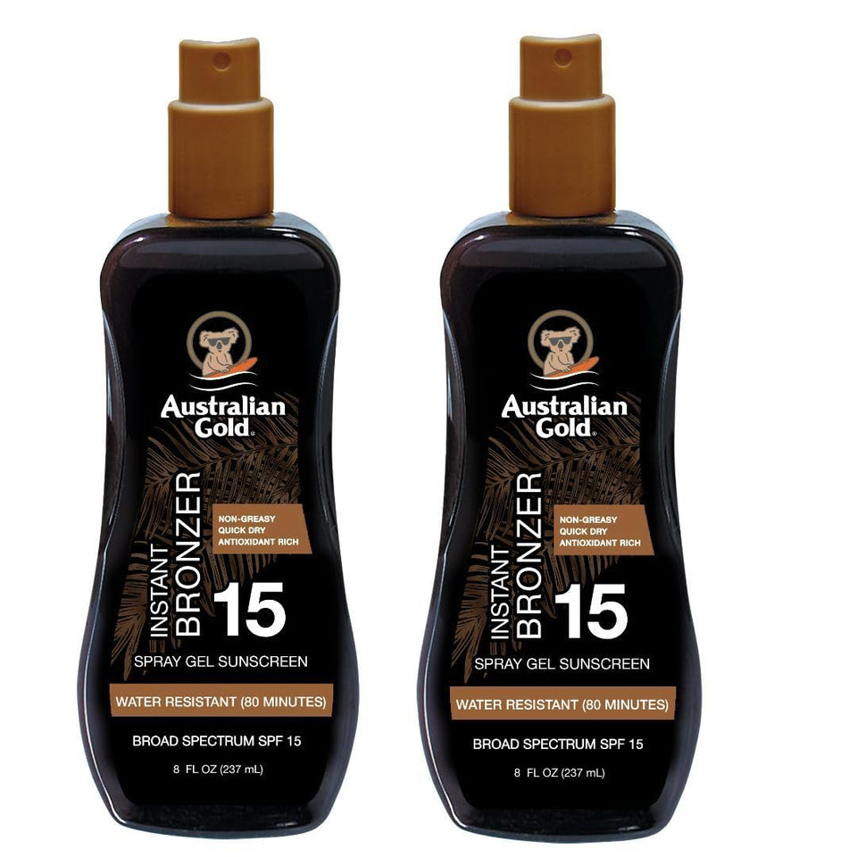 Australian Gold front packaging showing SPF 15 spray gel bronzer and pack of two benefits