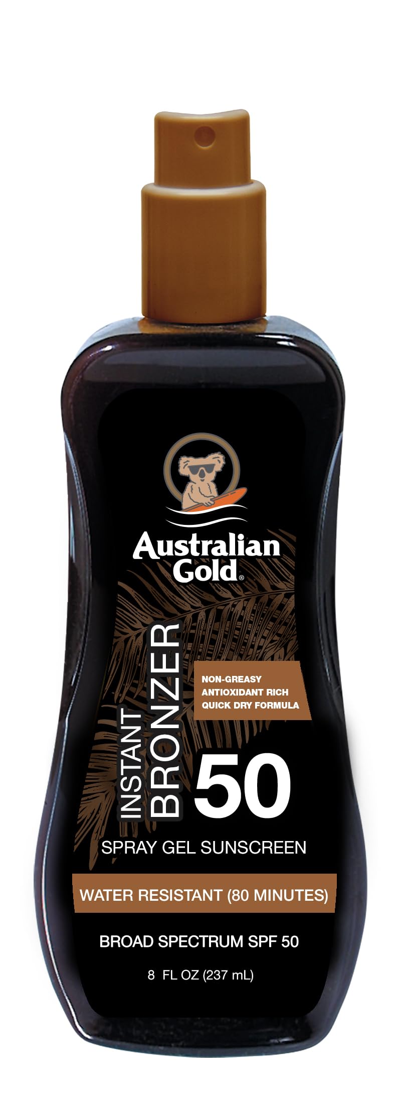 Australian Gold front packaging showing SPF 50 benefits and bronzer