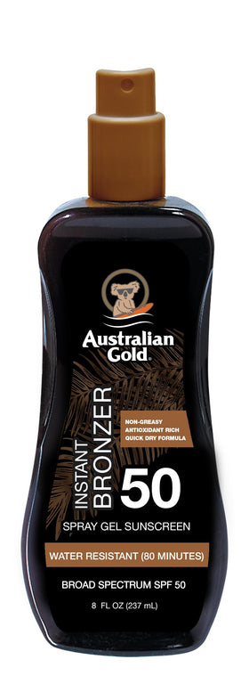 Australian Gold front packaging showing SPF 50 benefits and bronzer