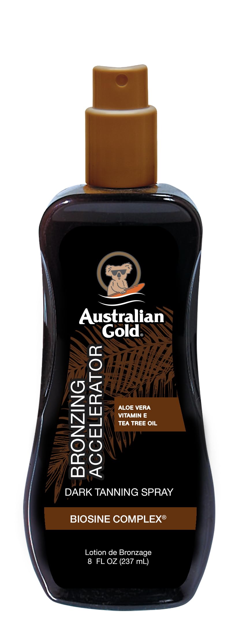 Australian Gold front packaging showing gel spray and bronzer benefits