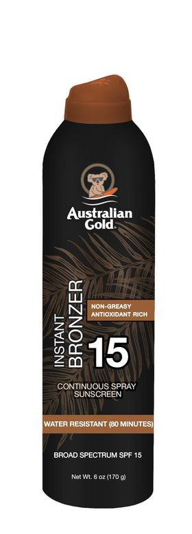 Australian Gold front packaging showing SPF 15 and instant bronzer benefit