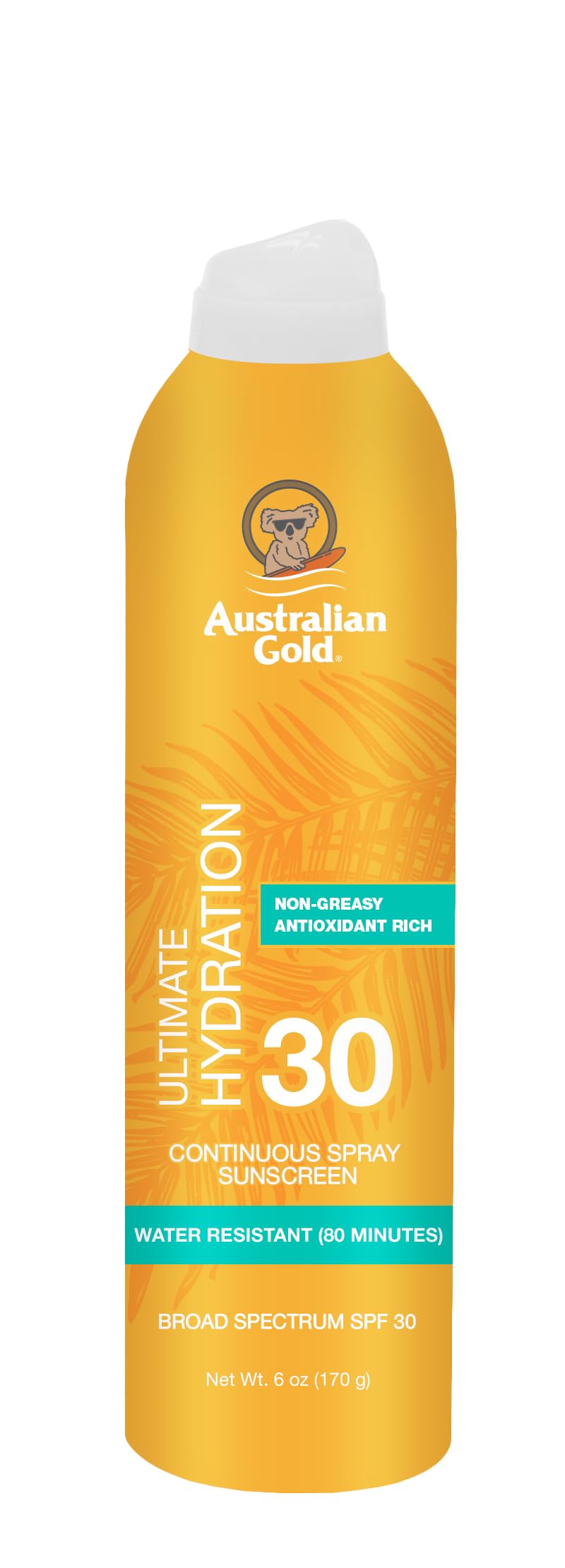Australian Gold front packaging showing spray bottle and SPF 30 protection benefit