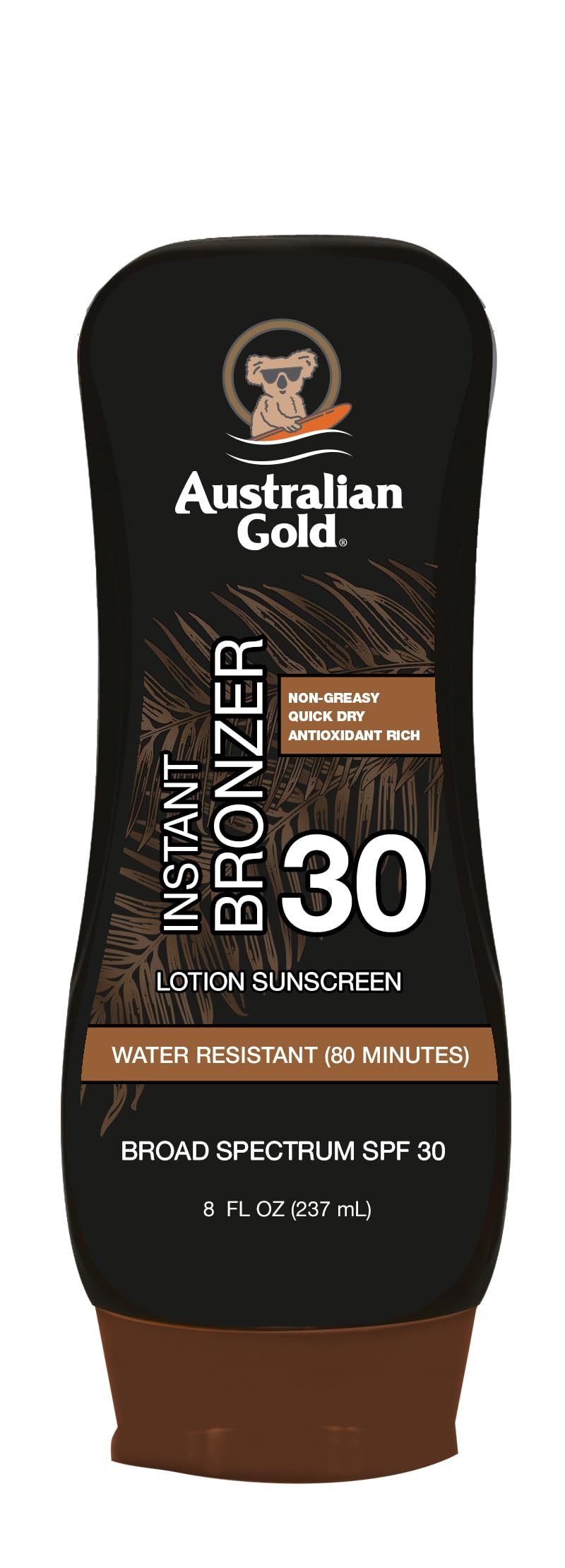 Australian Gold front packaging showing SPF 30 and instant bronzer benefit