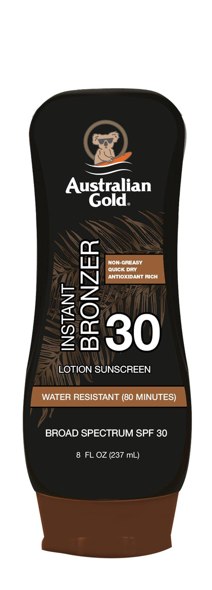 Australian Gold front packaging showing SPF 30 and instant bronzer benefit