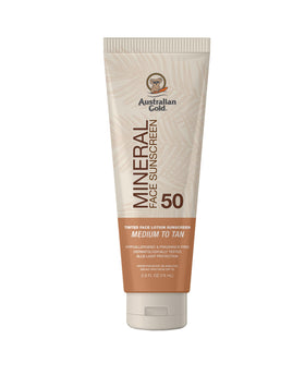 Australian Gold front packaging showing tinted mineral face sunscreen benefits