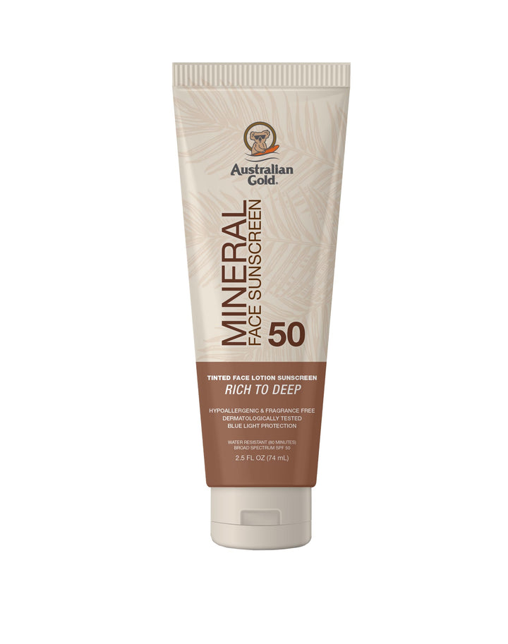 Australian Gold front packaging showing tinted SPF50 tube and label benefits