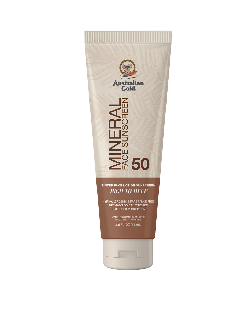 Australian Gold front packaging showing tinted SPF50 tube and label benefits
