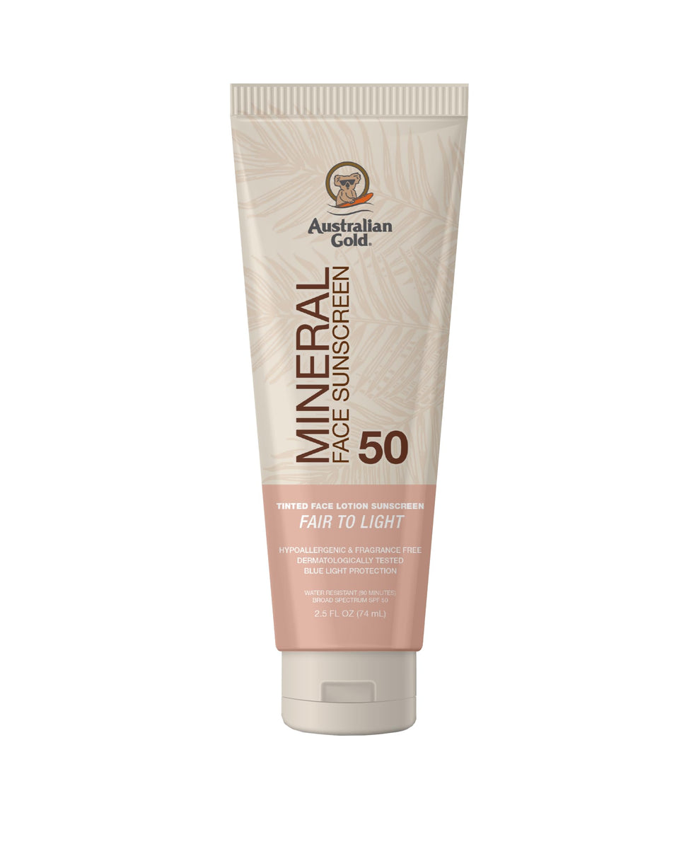 Australian Gold front packaging showing SPF 50 and tinted mineral benefits