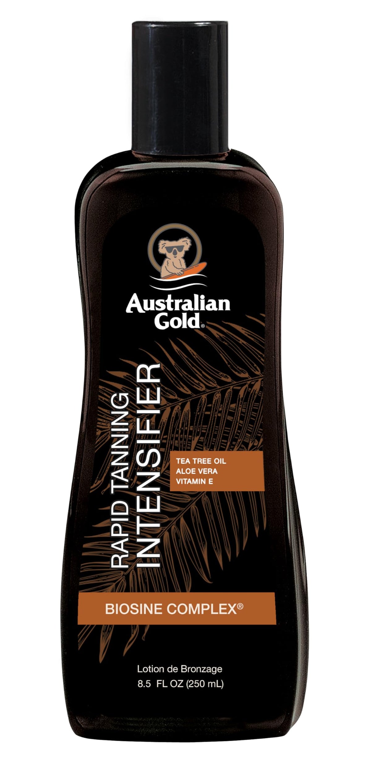 Australian Gold front packaging showing bottle and label, highlights fast tanning benefits