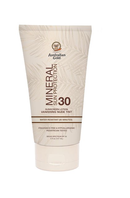 Australian Gold front packaging showing SPF 30 and vanishing nude tint benefit