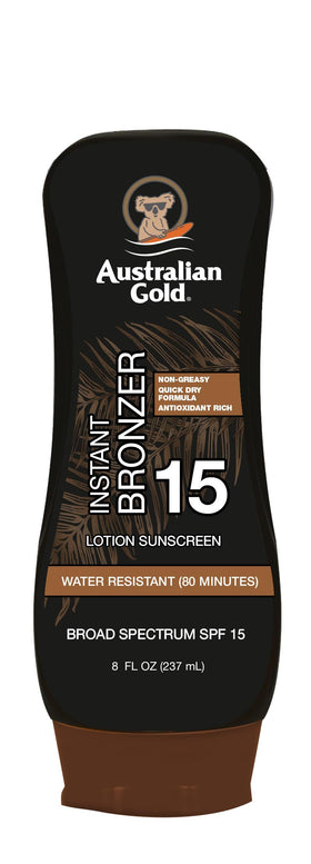 Australian Gold front packaging showing SPF 15 and instant bronzer benefit