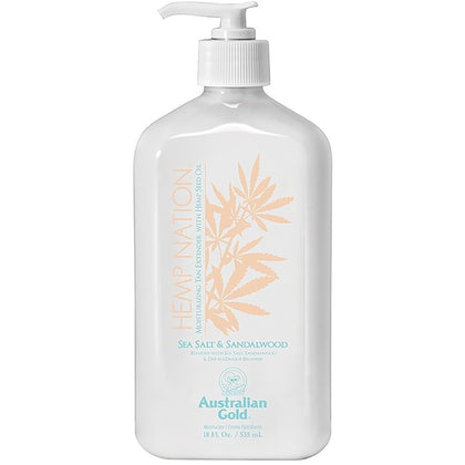 Australian Gold front packaging showing Hemp Nation tan extender benefits