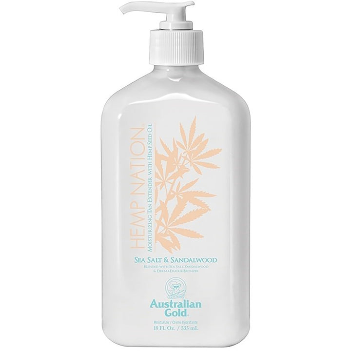 Australian Gold front packaging showing Hemp Nation tan extender benefits