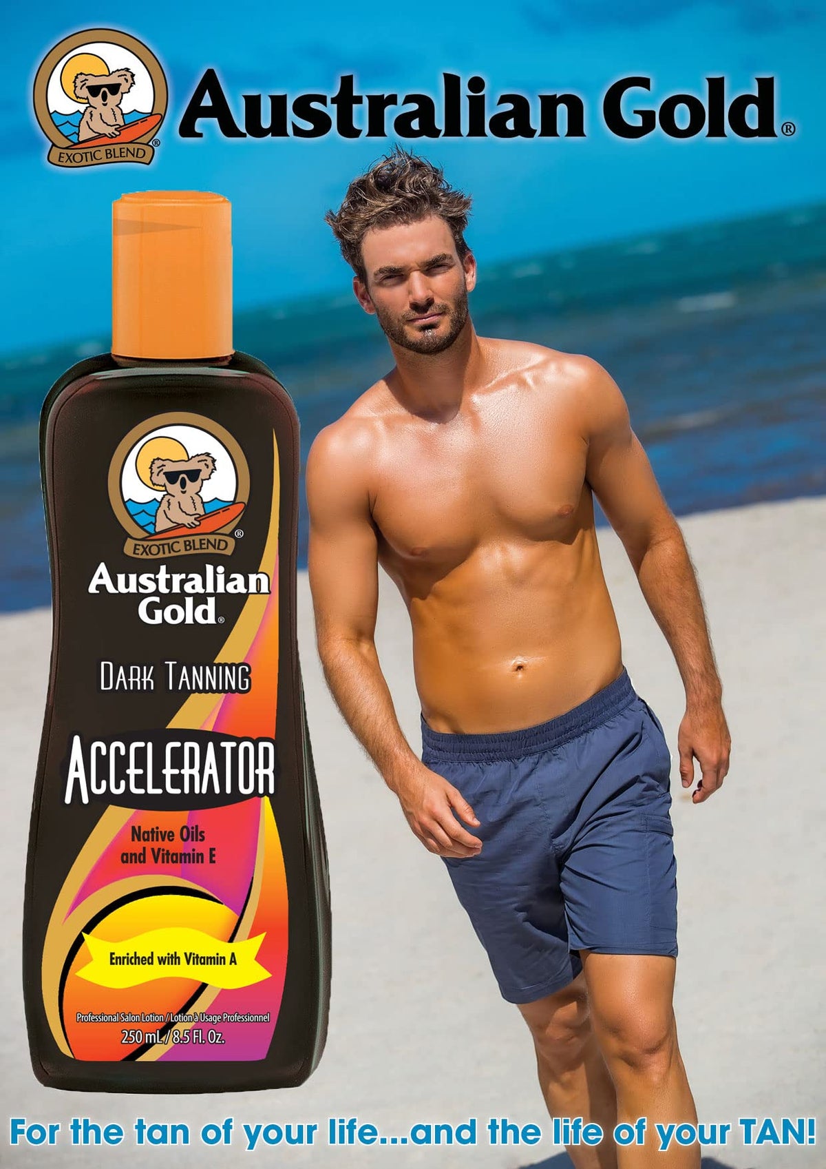 Australian Gold ingredients display with Kakadu Plum and Tea Tree benefits