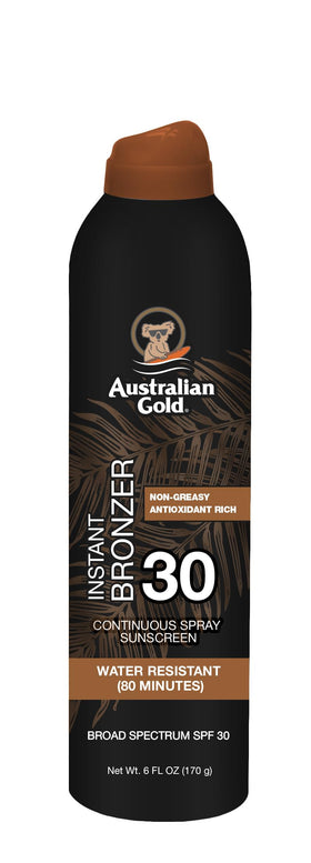 Australian Gold front packaging showing SPF 30 and bronzer benefits