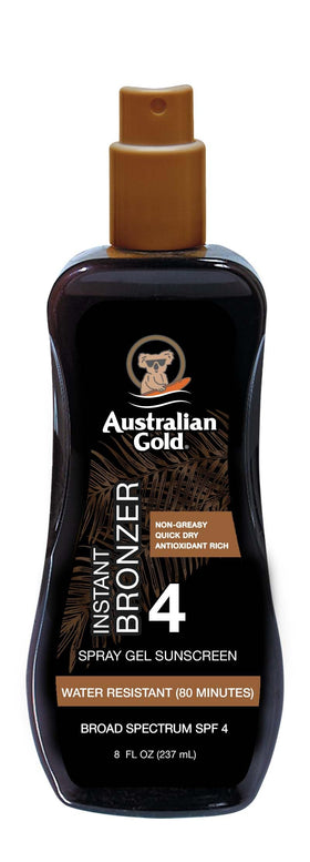 Australian Gold front packaging showing sunscreen spray gel and benefits