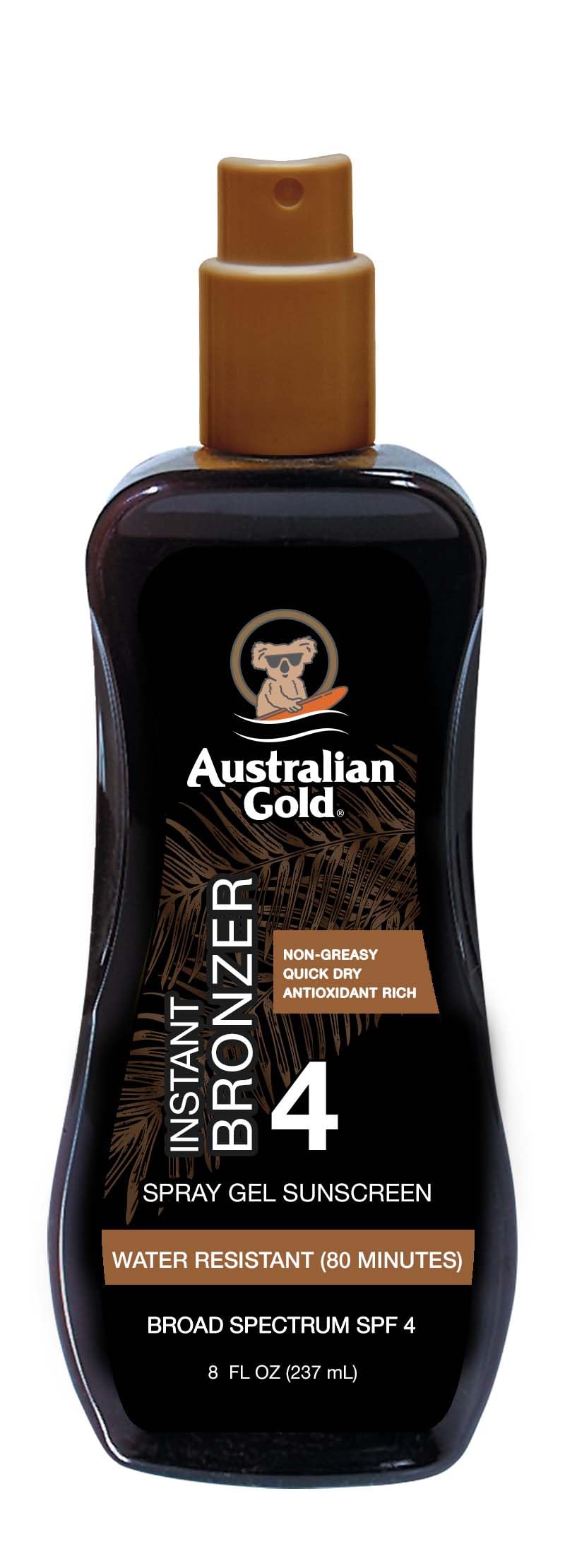 Australian Gold front packaging showing sunscreen spray gel and benefits