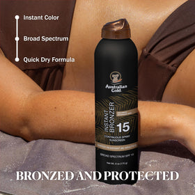 Australian Gold spray texture on skin highlighting quick-dry, non-greasy finish