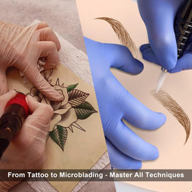 Autdor artist tattooing on skin sheet to refine lining and shading skills