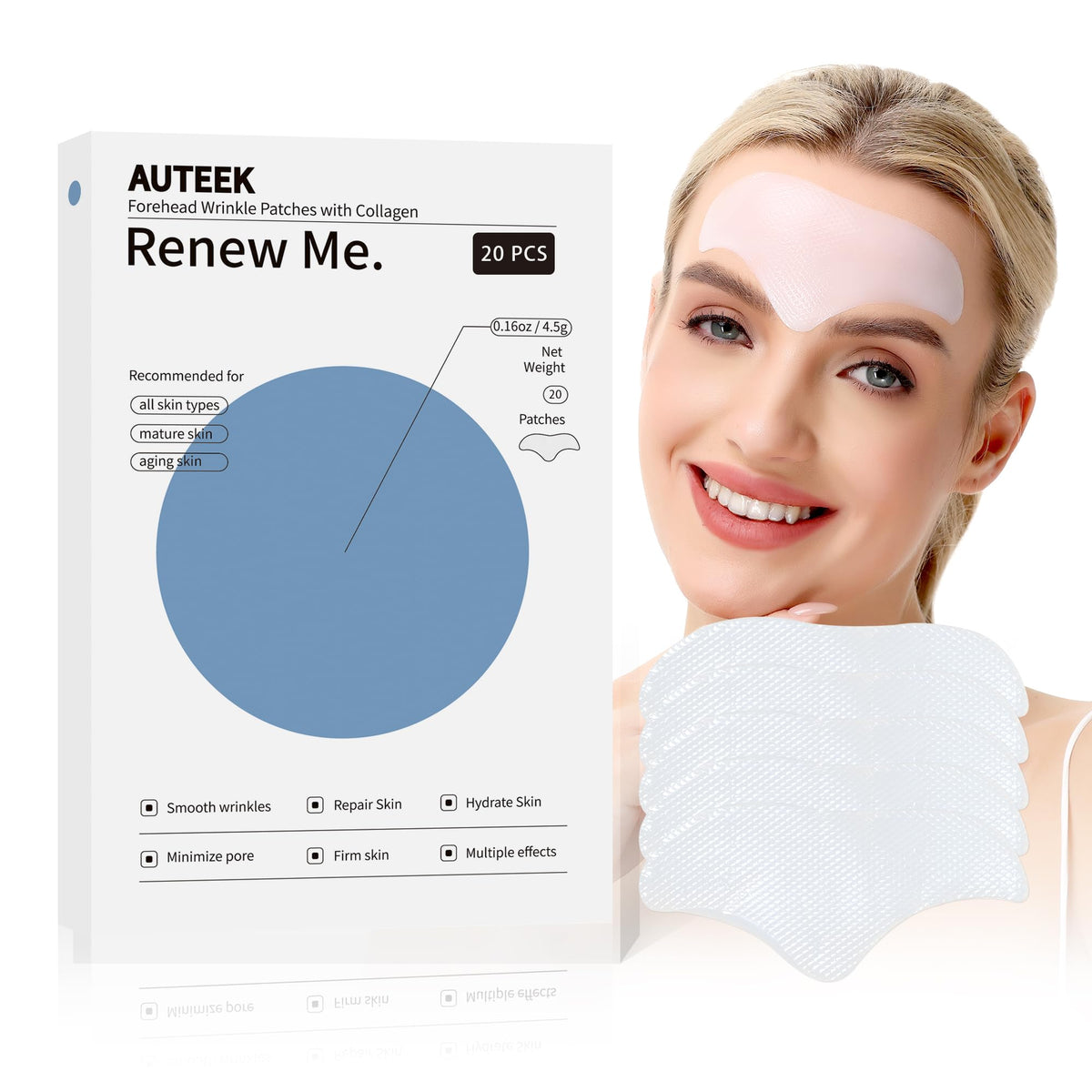 Auteek front packaging showing 20 patches and benefits