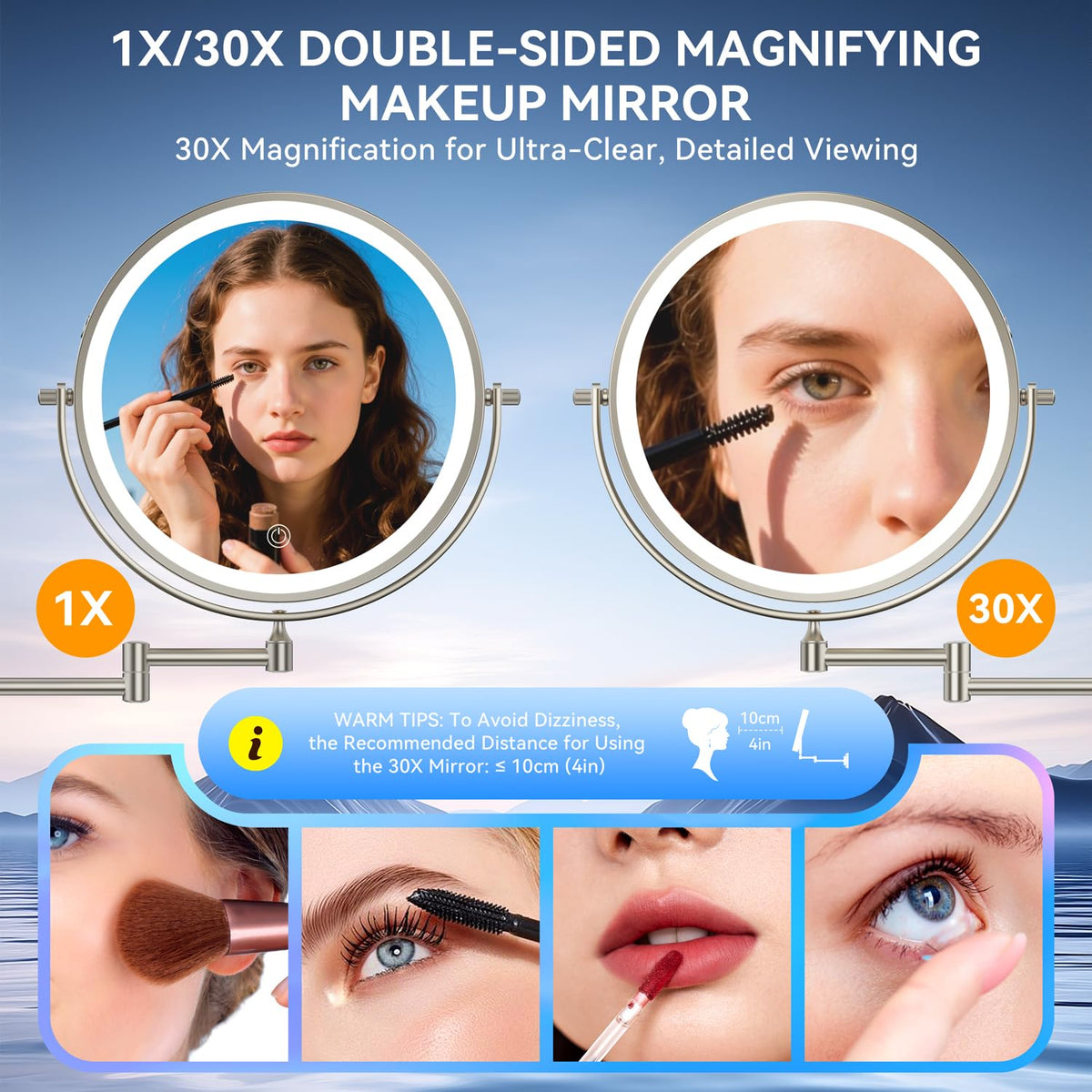 Auxmir close-up of 30X magnifying surface revealing eyebrow detailing benefit