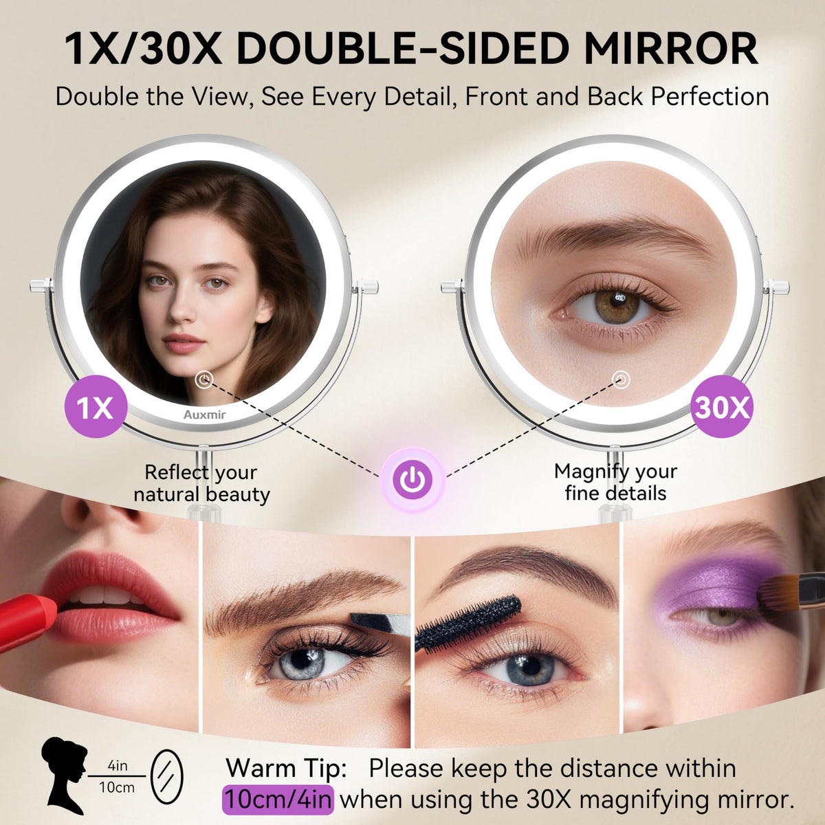Auxmir close-up 30x magnification showing eyebrow precision benefit