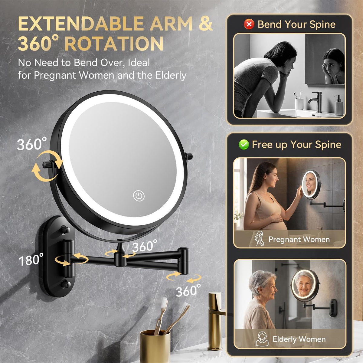 Auxmir extendable arm and 360-degree swivel illustrating flexible positioning benefit