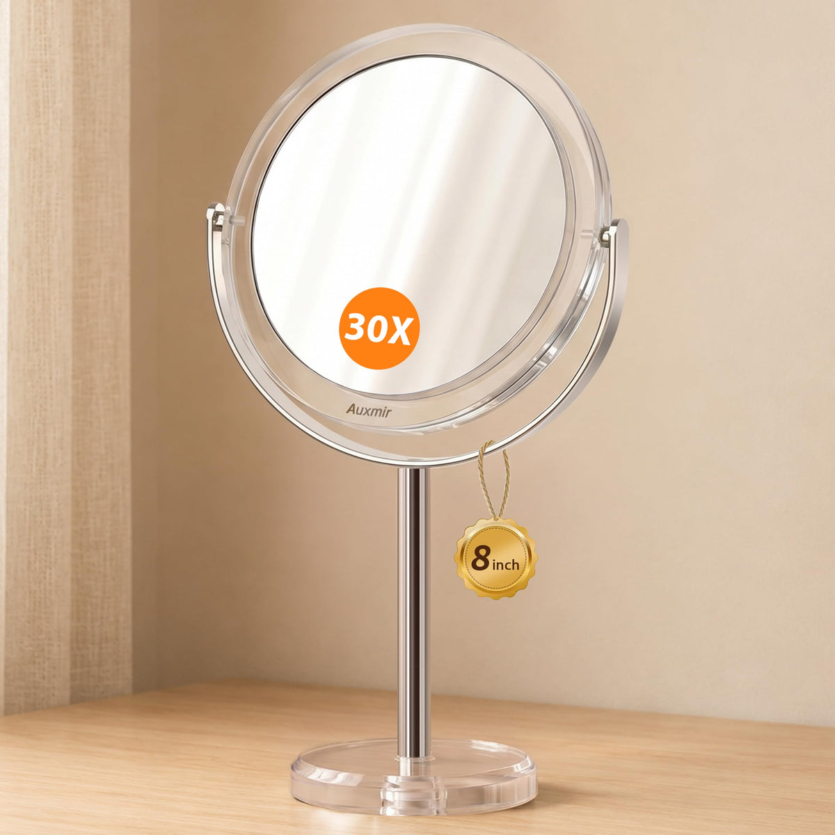 Auxmir front view of 8-inch double-sided mirror for clear full-face makeup