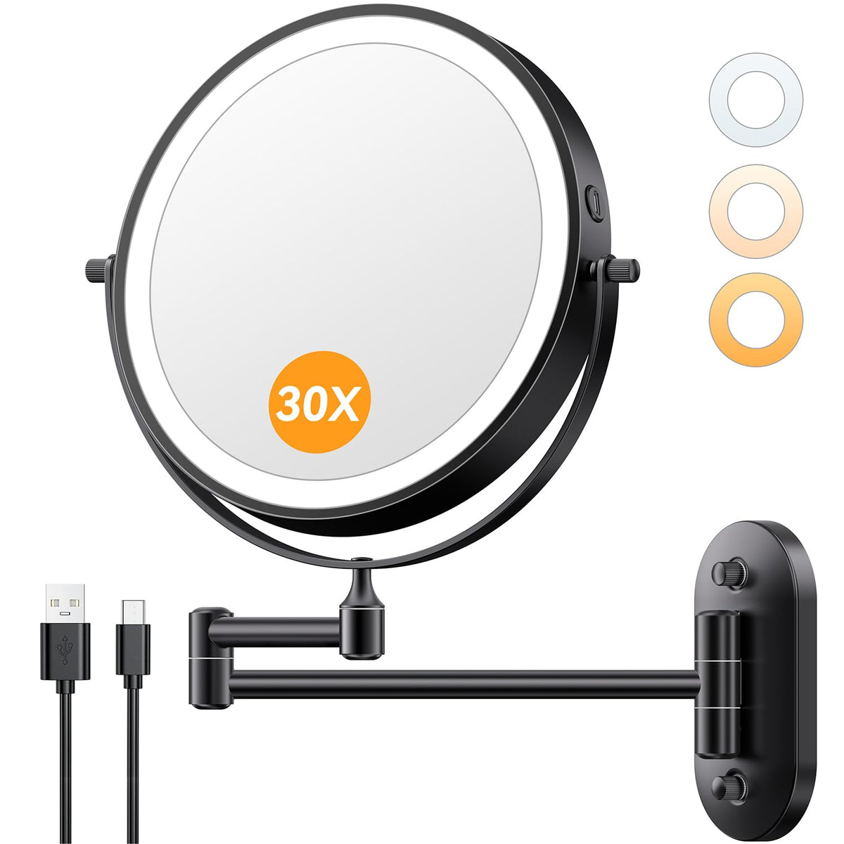 Auxmir front wall-mounted mirror showing dual-sided lights and sleek black finish for clear grooming