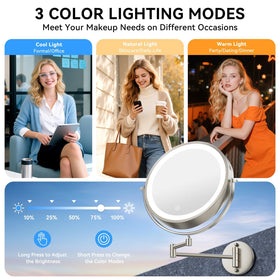 Auxmir illuminated mirror showing LED lights and touch controls for adjustable brightness