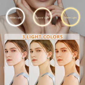 Auxmir mirror lit in three LED color modes demonstrating adjustable lighting for true-tone makeup