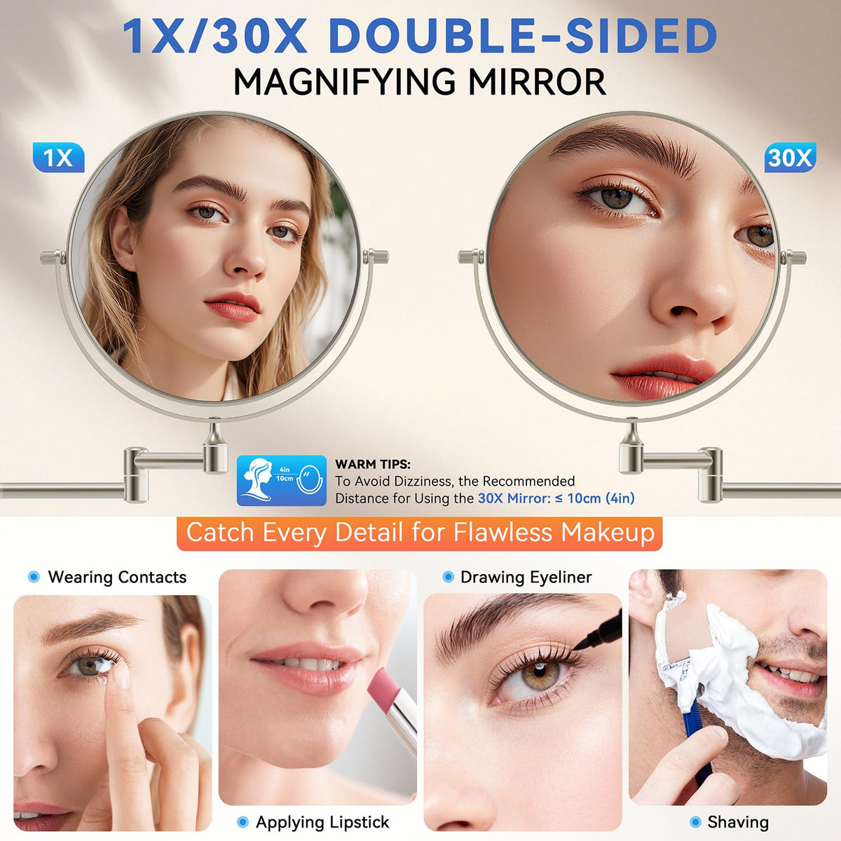 Auxmir 30X magnified face detail showing precise eyebrow and skin visibility benefit