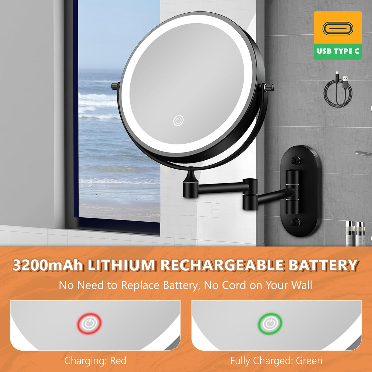 Auxmir mirror held by hand for scale showing compact 8-inch size and portability advantage