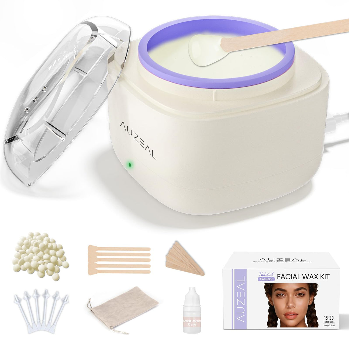 AUZEAL front view of complete mini face wax kit showing compact design and accessories