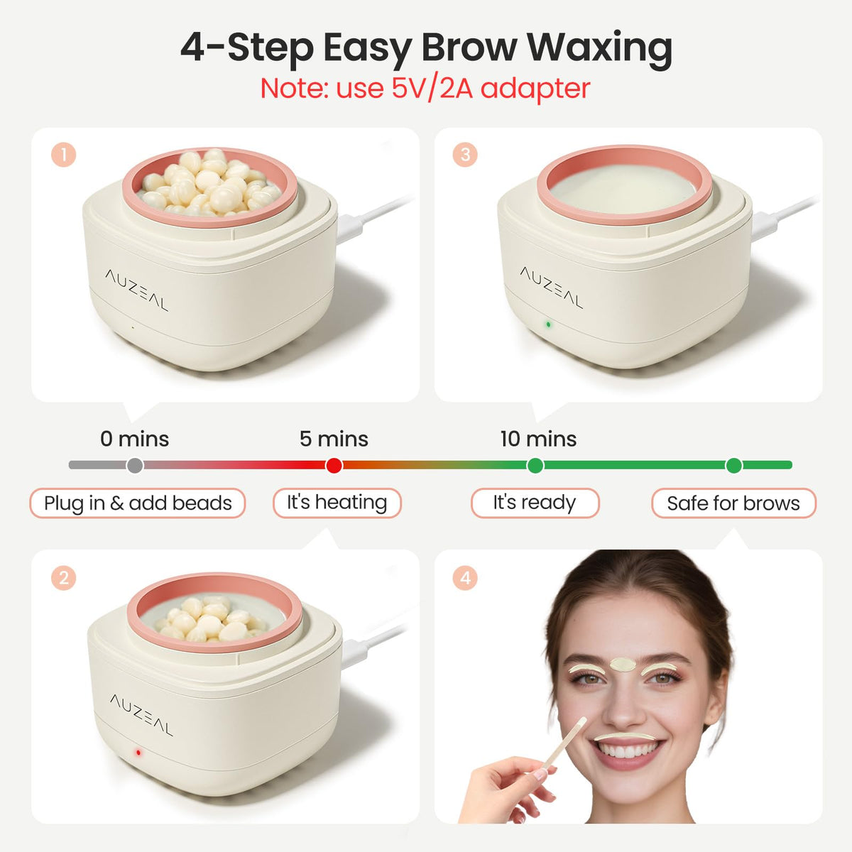 AUZEAL in-use eyebrow waxing photo demonstrating careful hair removal for tidy brows