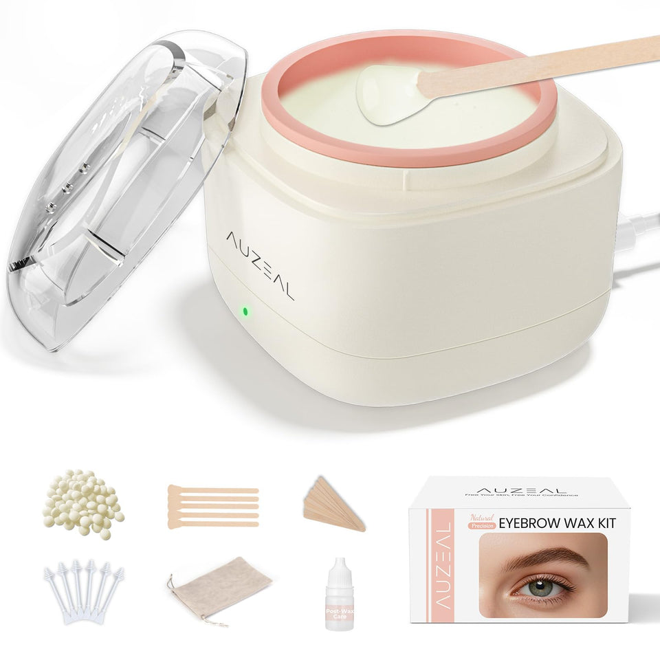 AUZEAL kit front view showing warmer, wax beads, sticks, and pouch for easy grooming