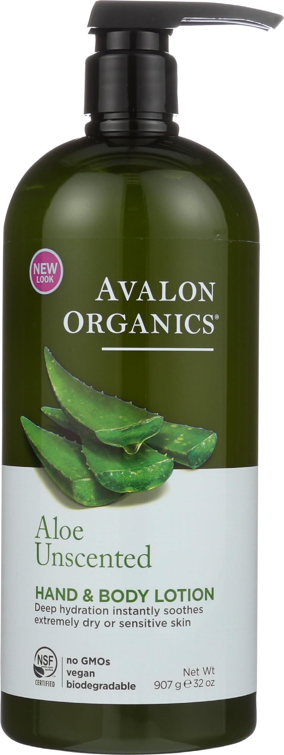 Avalon Organics front label showing 32 oz bottle and unscented benefit