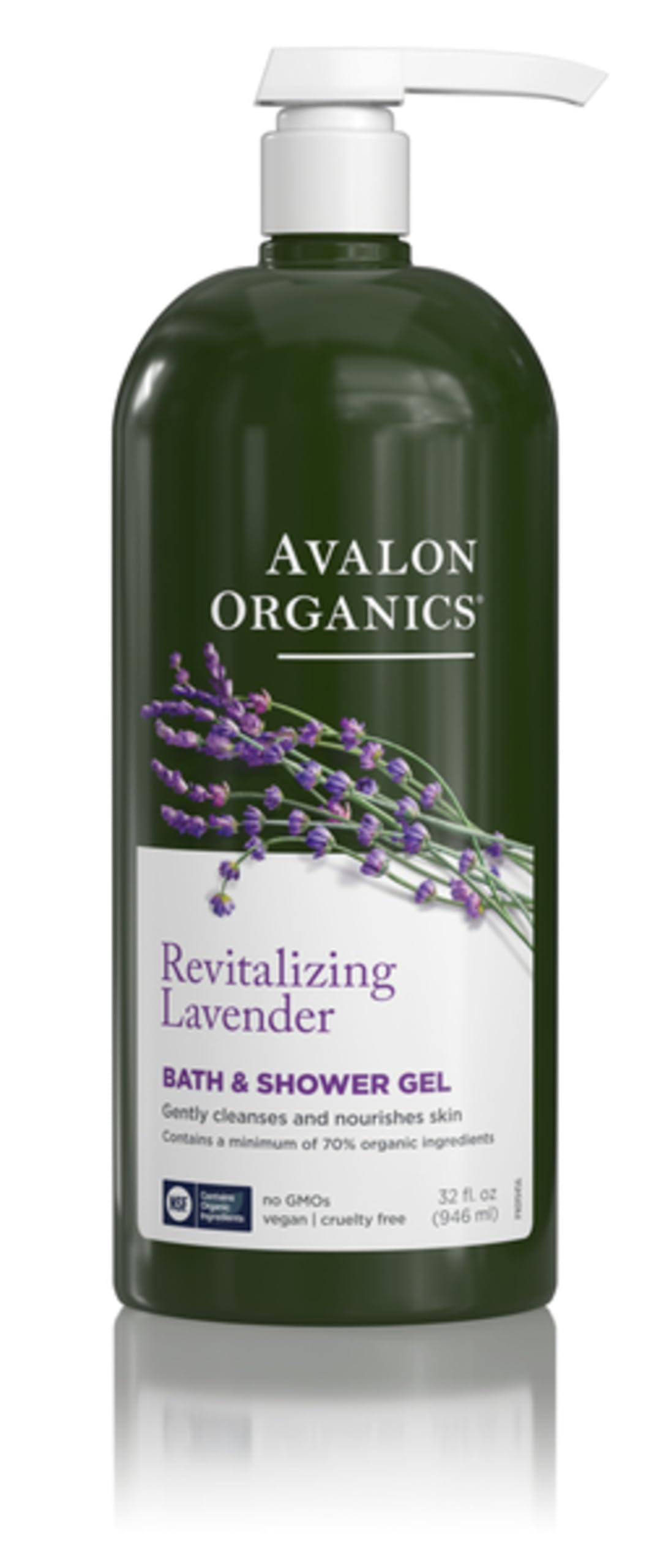 Avalon Organics bottle front showing lavender label and organic claims, promotes gentle cleansing
