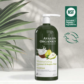 Avalon Organics bottle scale comparison next to hand to show the 32 fl oz volume benefit