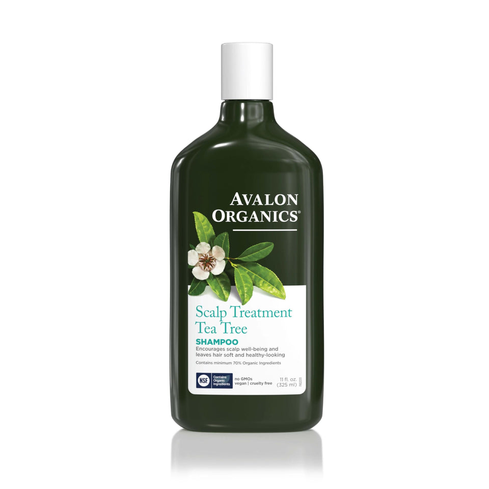 Avalon Organics front packaging showing tea tree shampoo and benefits