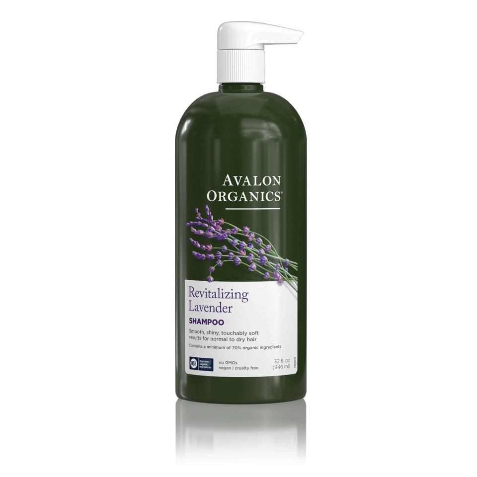 Avalon Organics front view of 32 oz lavender shampoo showing clean packaging and benefit
