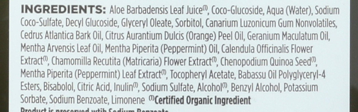 Avalon Organics label detail highlighting botanical ingredients and purity