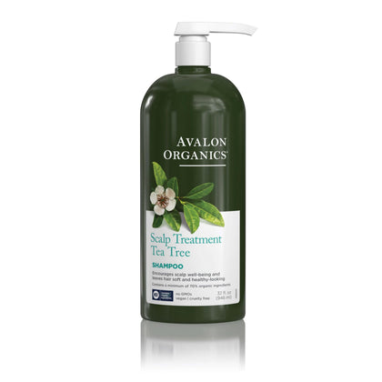 Avalon Organics front packaging showing 32 fl oz bottle and clear branding promoting scalp treatment benefit