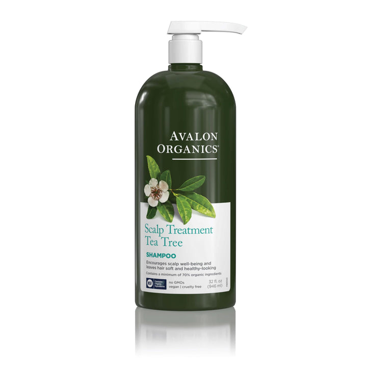 Avalon Organics front packaging showing 32 fl oz bottle and clear branding promoting scalp treatment benefit