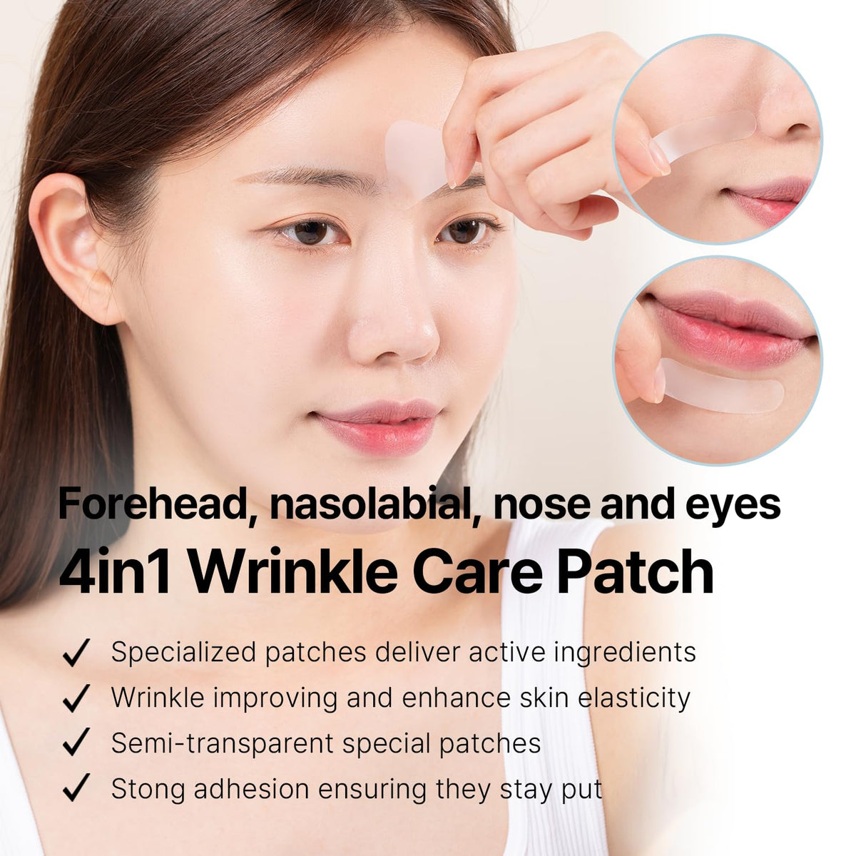 AVCA patch applied on forehead demonstrating discreet smoothing benefit during movement