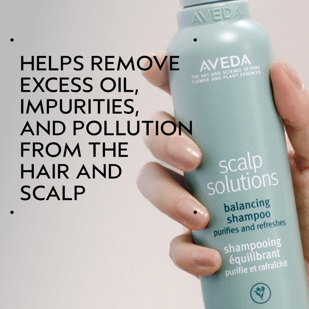 Aveda bottle pump and label detail highlighting product name and gentle formula benefit