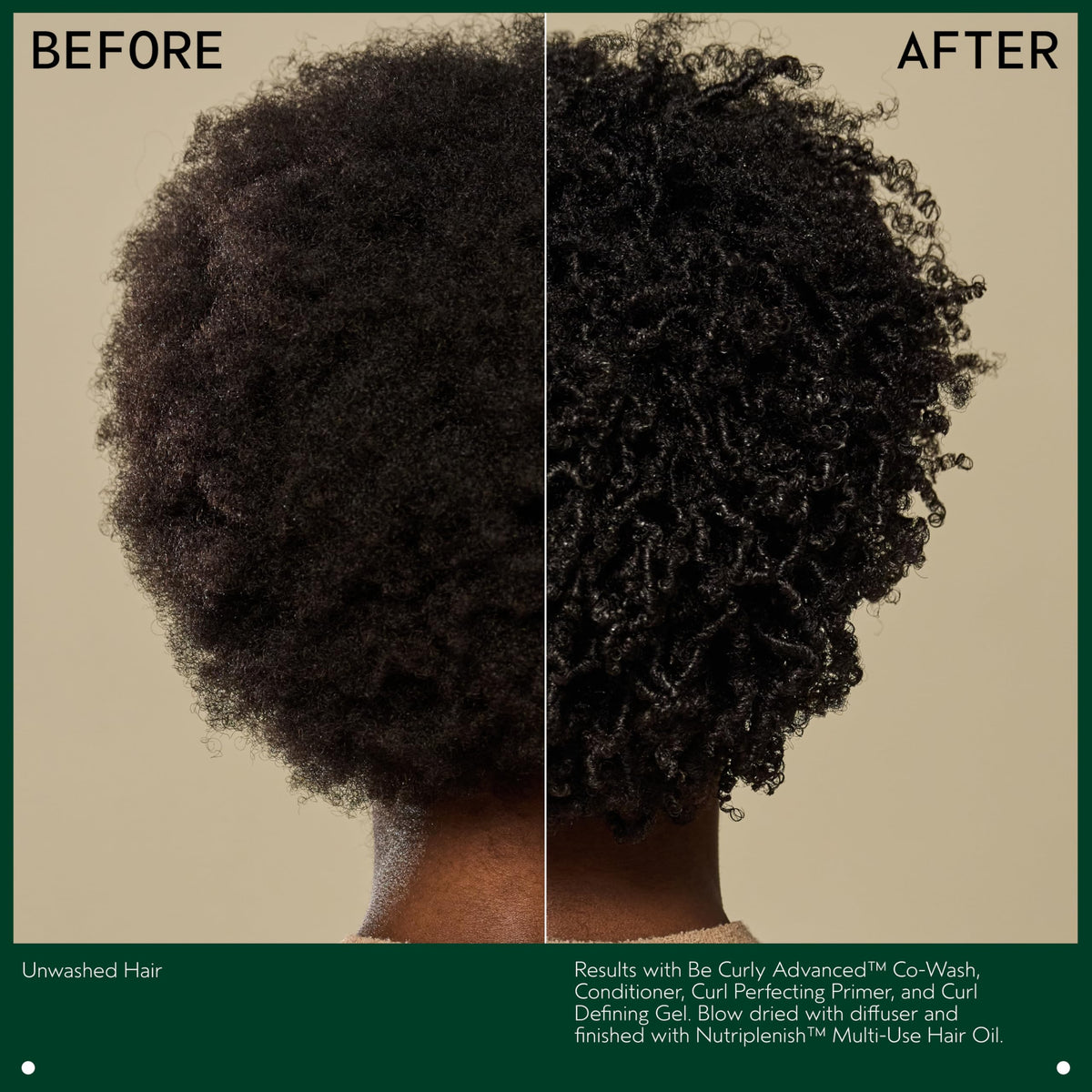 Before and after curls with Aveda Be Curly showing added definition